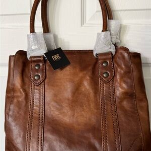 Frye Chestnut Brown Leather Tote with Striped Interior
